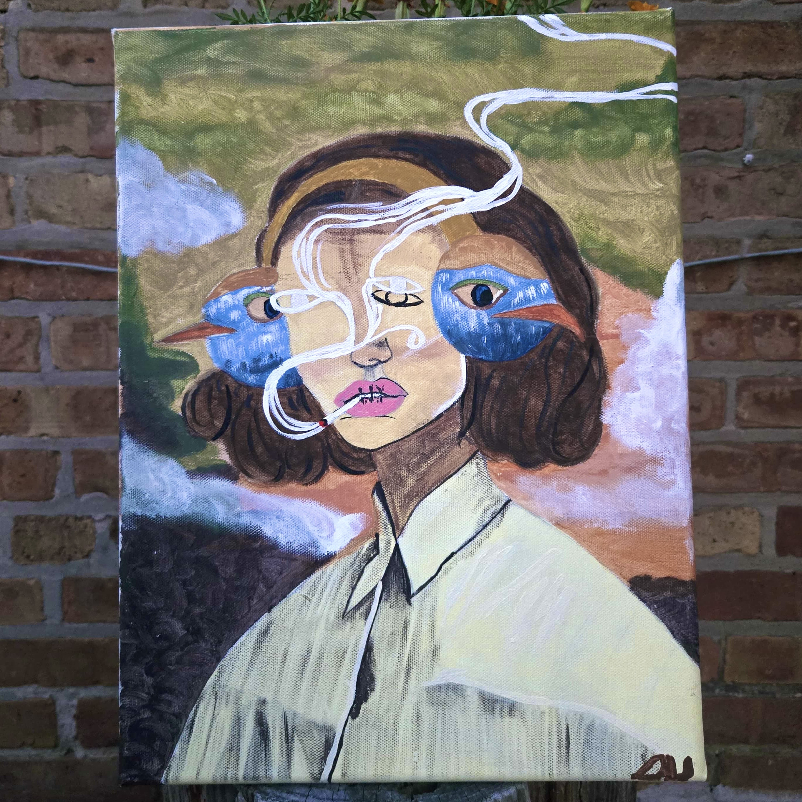 Birdsong in Smoke (Smoking Woman with Bird Headband)